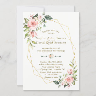 Romantic Pink Blush Flowers Gold Frame Wedding Invitation