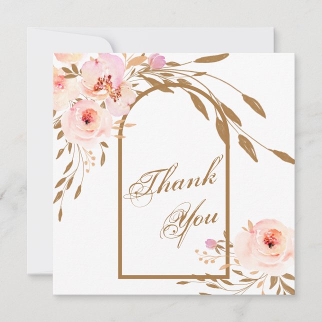 Romantic Pink Blush Gold Floral Wedding Photo Thank You Card (Front)