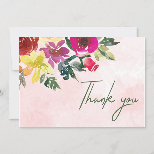 Romantic Pink Blush Greenery Watercolor Wedding Thank You Card (Front)
