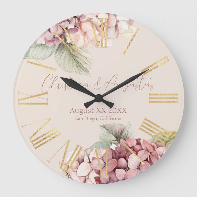 Romantic Pink & Blush Hydrangea Flowers Large Clock (Front)