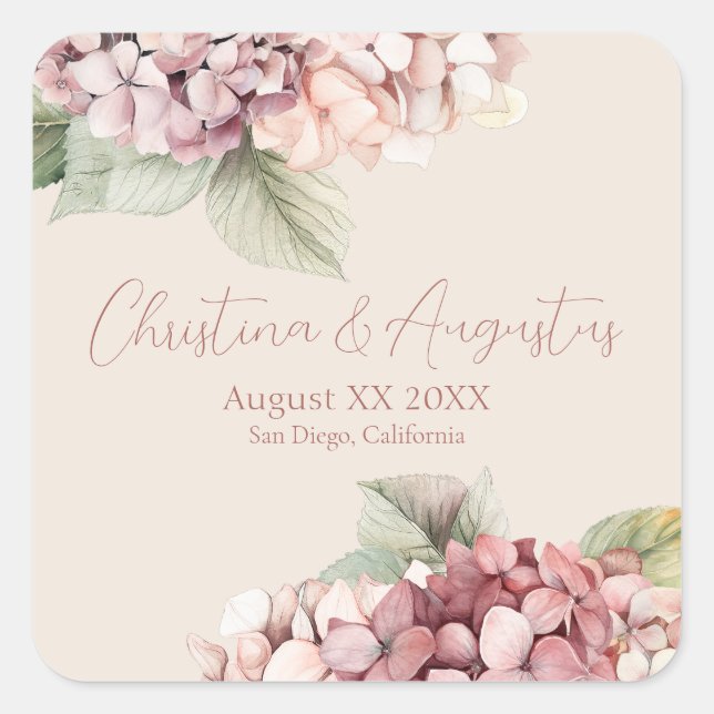 Romantic Pink & Blush Watercolor Hydrangea Flowers Square Sticker (Front)