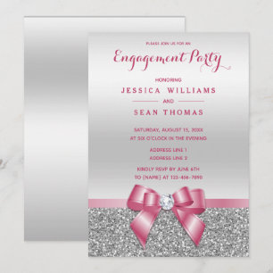 Romantic Pink Bow, Silver Glitter Engagement Invitation