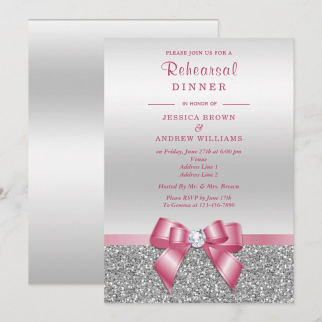 Romantic Pink Bow, Silver Glitter Rehearsal Dinner Invitation (Front/Back)