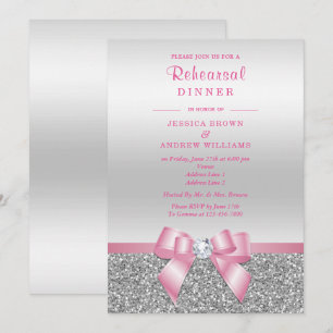 Romantic Pink Bow Silver Glitter Rehearsal Dinner Invitation