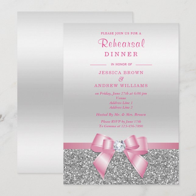 Romantic Pink Bow Silver Glitter Rehearsal Dinner Invitation (Front/Back)