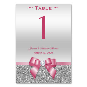 Romantic Pink Bow & Silver Glitter Table Number