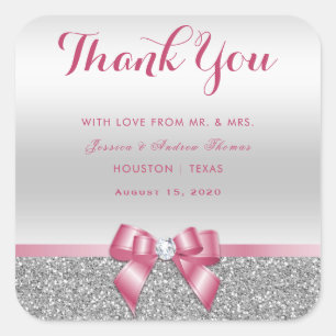Romantic Pink Bow & Silver Glitter Thank You Square Sticker