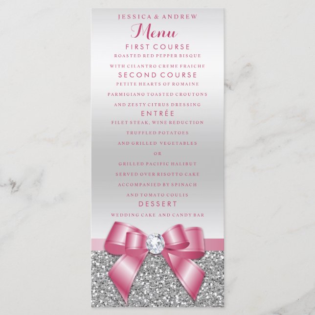 Romantic Pink Bow & Silver Glitter Wedding Menu (Front)