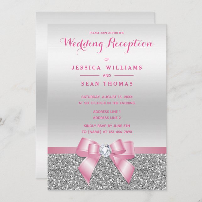 Romantic Pink Bow Silver Glitter Wedding Reception Invitation (Front/Back)