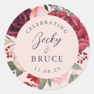 Romantic Pink Bridal Bouquet Bride & Groom Names Classic Round Sticker