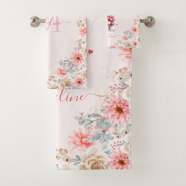Romantic Pink Bunny & Hearts Monogram Name Bath Towel Set (Insitu)