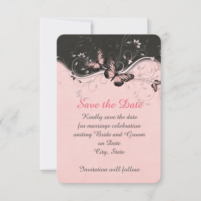 Romantic Pink Butterfly Swirls Save the date (Front)
