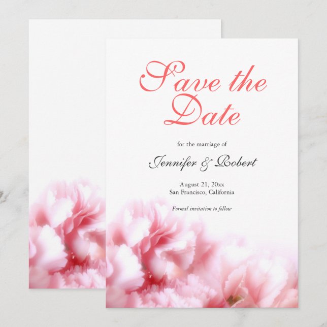 Romantic Pink Carnations Save the Date Invitation (Front/Back)