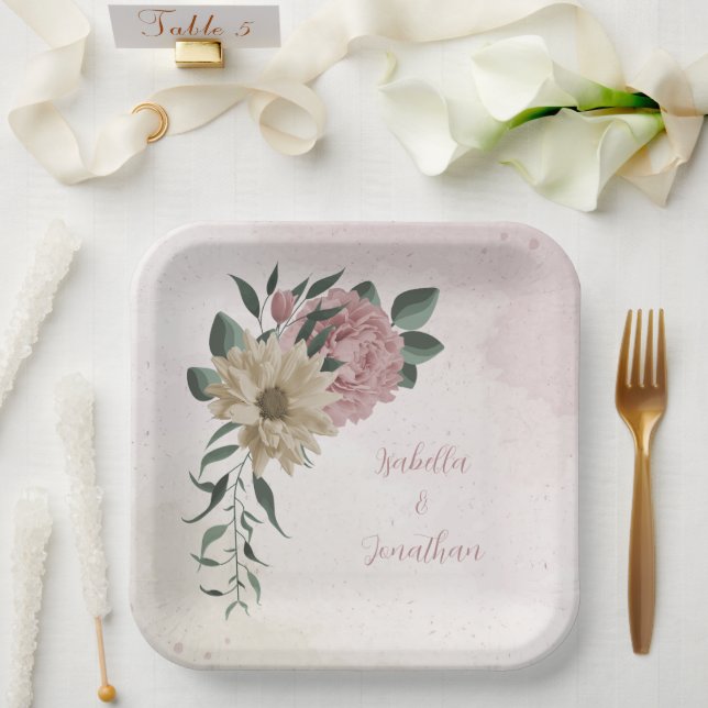  romantic pink & champagne flowers  paper plate (Wedding)