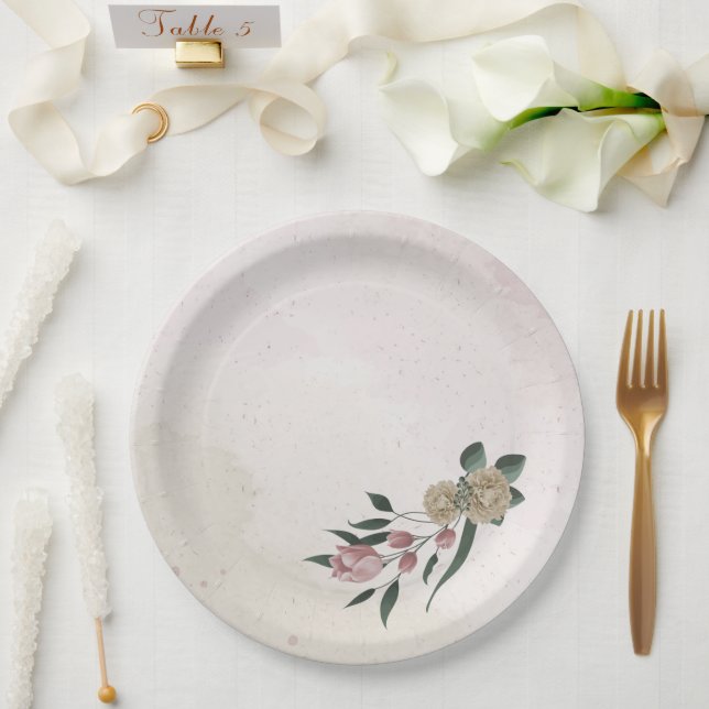  romantic pink & champagne flowers  paper plate (Wedding)