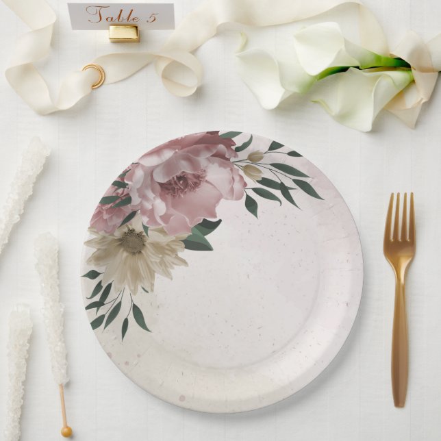  romantic pink & champagne flowers  paper plate (Wedding)