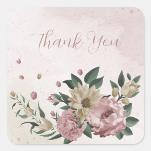  romantic pink & champagne flowers thank you square sticker