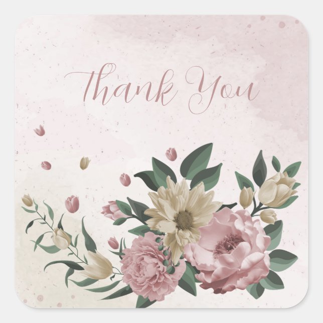  romantic pink & champagne flowers thank you square sticker (Front)