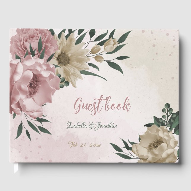  romantic pink & champagne flowers wedding guest book (Front)