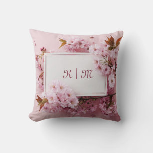 Romantic Pink Cherry Blossom and Bronze Leaf Cushion