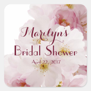 Romantic Pink Cherry Blossoms Bridal Shower Custom Square Sticker