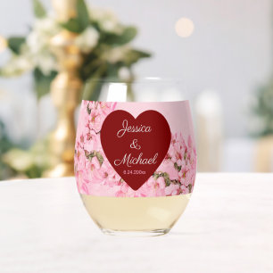 Romantic Pink Cherry Blossoms Stemless Wine Glass