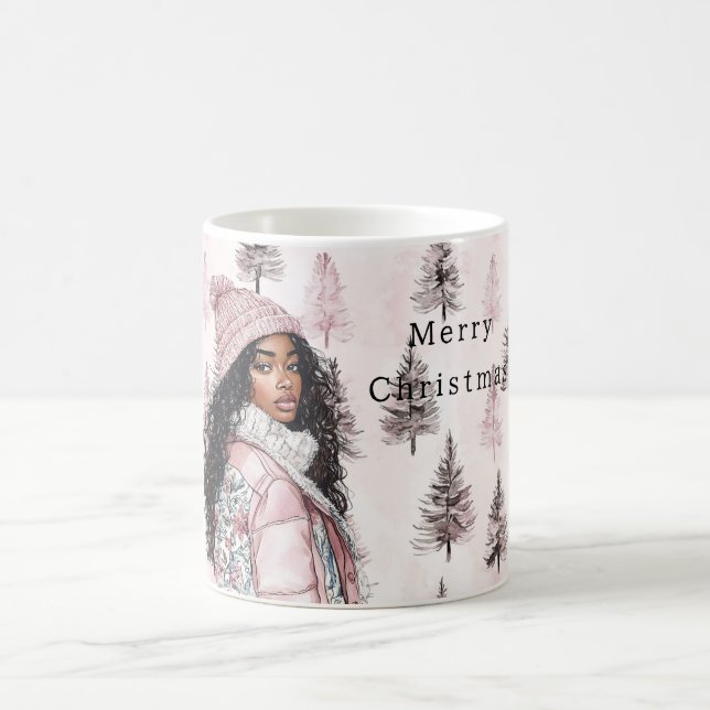Romantic Pink Christmas Trees Black Girl Coffee Mug (Center)