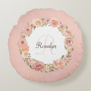 Romantic Pink Dotted Rose Floral Monogrammed Name Round Cushion