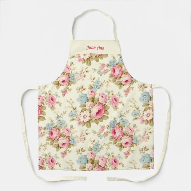 Romantic Pink English Roses on Pale Yellow Apron (Front)