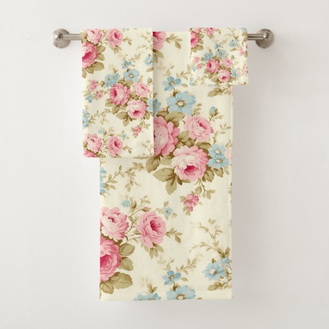 Romantic Pink English Roses on Pale Yellow Bath Towel Set (Insitu)