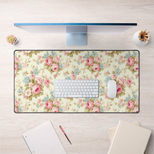 Romantic Pink English Roses on Pale Yellow Desk Mat