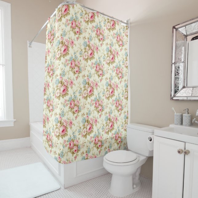 Romantic Pink English Roses on Pale Yellow Shower Curtain (In Situ)