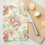Romantic Pink English Roses on Pale Yellow Tea Towel<br><div class="desc">Lovely and romantic feminine seamless floral pattern featuring sprays of pink roses and blue flowers with sage foliage on pale pastel yellow background.</div>