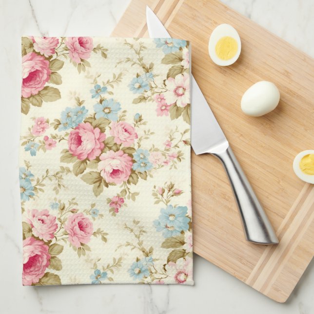 Romantic Pink English Roses on Pale Yellow Tea Towel (Quarter Fold)