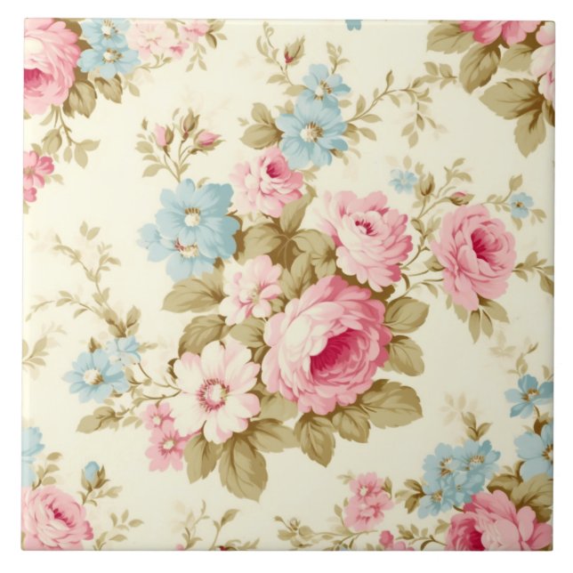 Romantic Pink English Roses on Pale Yellow Tile (Front)