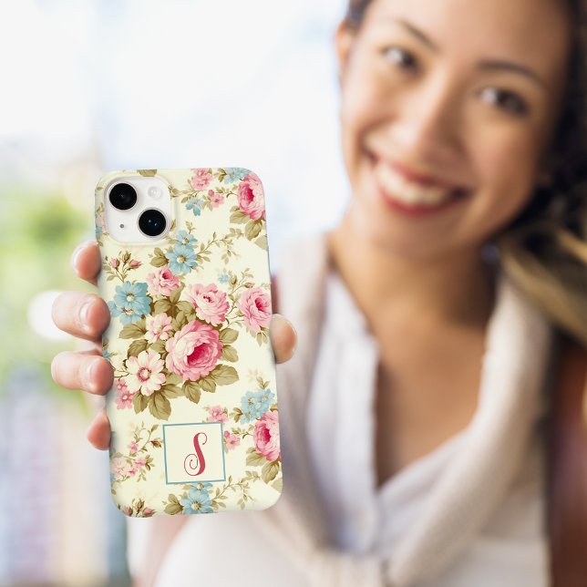 Romantic Pink English Roses on Yellow w/Monogram Case-Mate iPhone Case (Creator Uploaded)