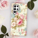 Romantic Pink English Roses on Yellow w/Monogram Samsung Galaxy Case<br><div class="desc">Lovely and romantic feminine seamless floral pattern featuring sprays of pink roses and blue flowers with sage foliage on pale pastel yellow background. Includes optional square bordered element with text field for your initial or monogram.</div>