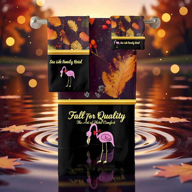 Romantic Pink Flamingos with autumn leaves black Bath Towel Set (Creator Uploaded)