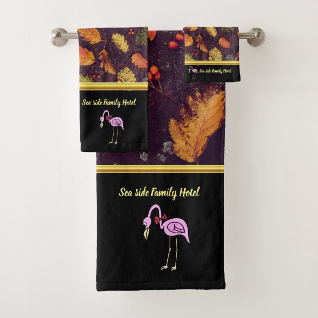 Romantic Pink Flamingos with autumn leaves black Bath Towel Set (Insitu)