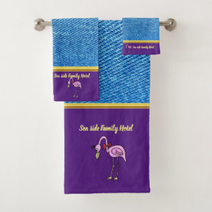 Romantic Pink Flamingos with denim texture .purple Bath Towel Set