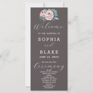 Romantic Pink Floral Ash Grey Wedding Program