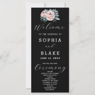 Romantic Pink Floral Black Wedding Program