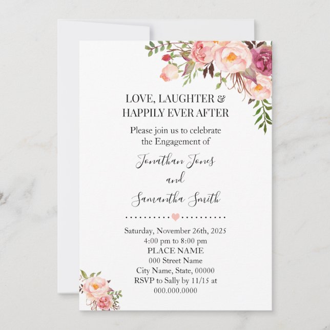 Romantic Pink floral boho chic engagement Invitation (Front)