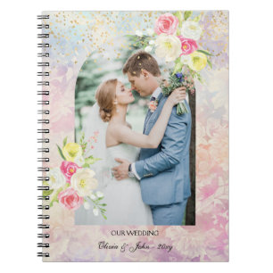 Romantic Pink Floral Boho Photo Wedding Guestbook Notebook