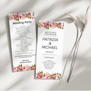 Romantic Pink Floral Borders Wedding Flat Programme