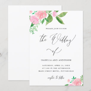 Romantic Pink Floral Bouquet Calligraphy Wedding Invitation