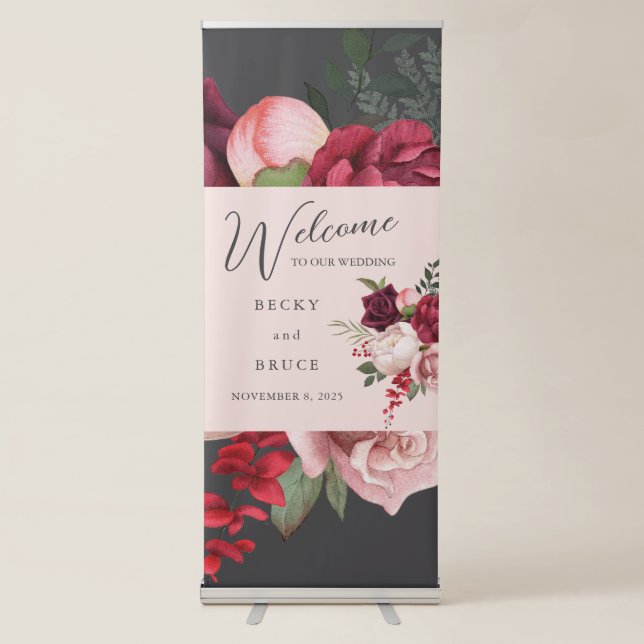 Romantic Pink Floral Bouquet Wedding Retractable Banner (Front)