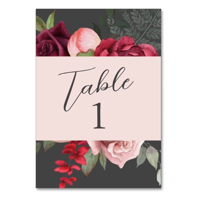 Romantic Pink Floral Bridal Bouquet Table Number (Front)