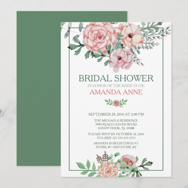 Romantic Pink Floral Bridal Shower Invitation (Front/Back)