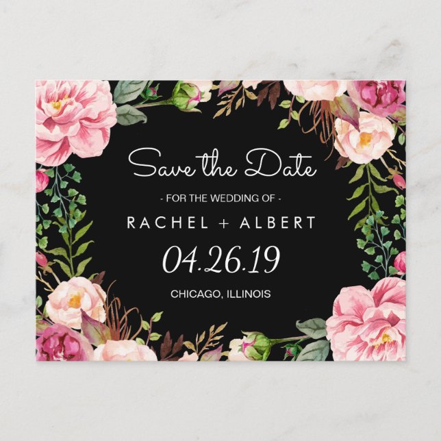 Romantic Pink Floral Classy Wedding Save the Date Announcement Postcard (Front)